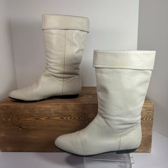 Cobbie White Leather Slouchy Boots SZ 7.5 Boho Ruched Quality Brazil Cowgirl 70s - Picture 2 of 13